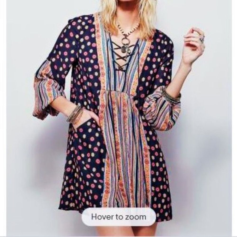 Free People Rain or Shine Mini Dress Pockets Pebbled Chiffon Lace Up V Neck S